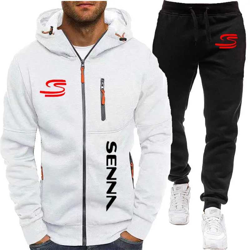 New brand men's sportswear set Hoodie + pants Fashion casual 2-piece Ayrton Senna printed solid color multi-zipper men's set T260924