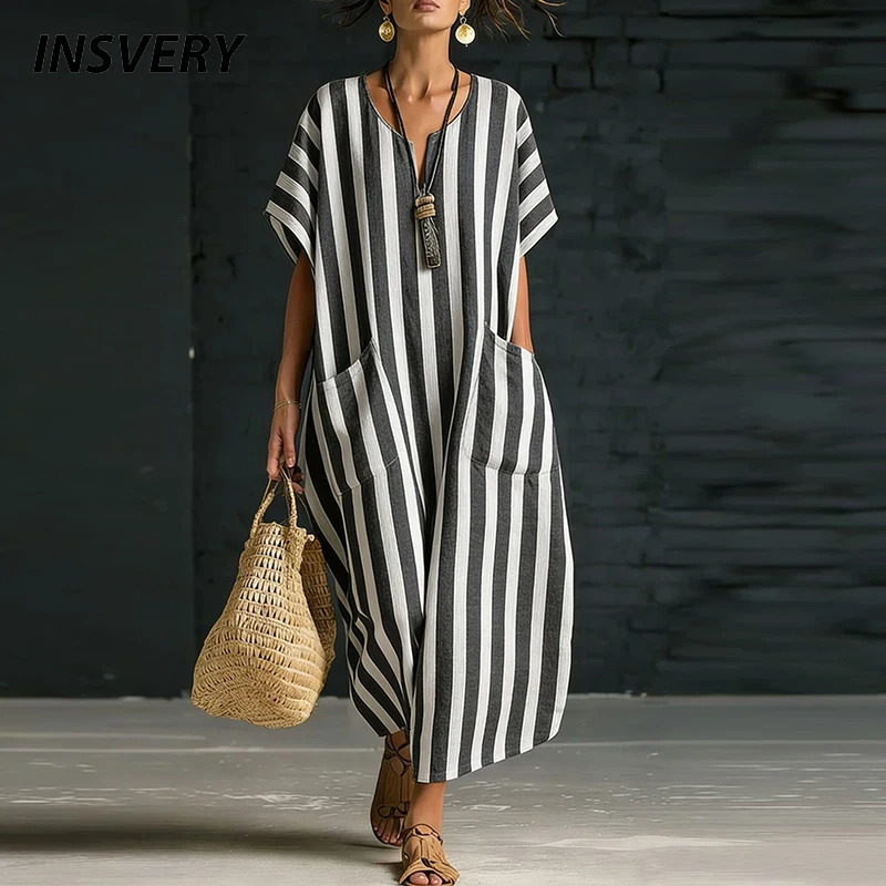 Summer Beach Holiday Long Dress Women Casual V Neck Striped Printed Loose Maxi Dresses For Women Casual Pocket Party Dress Boho 260922