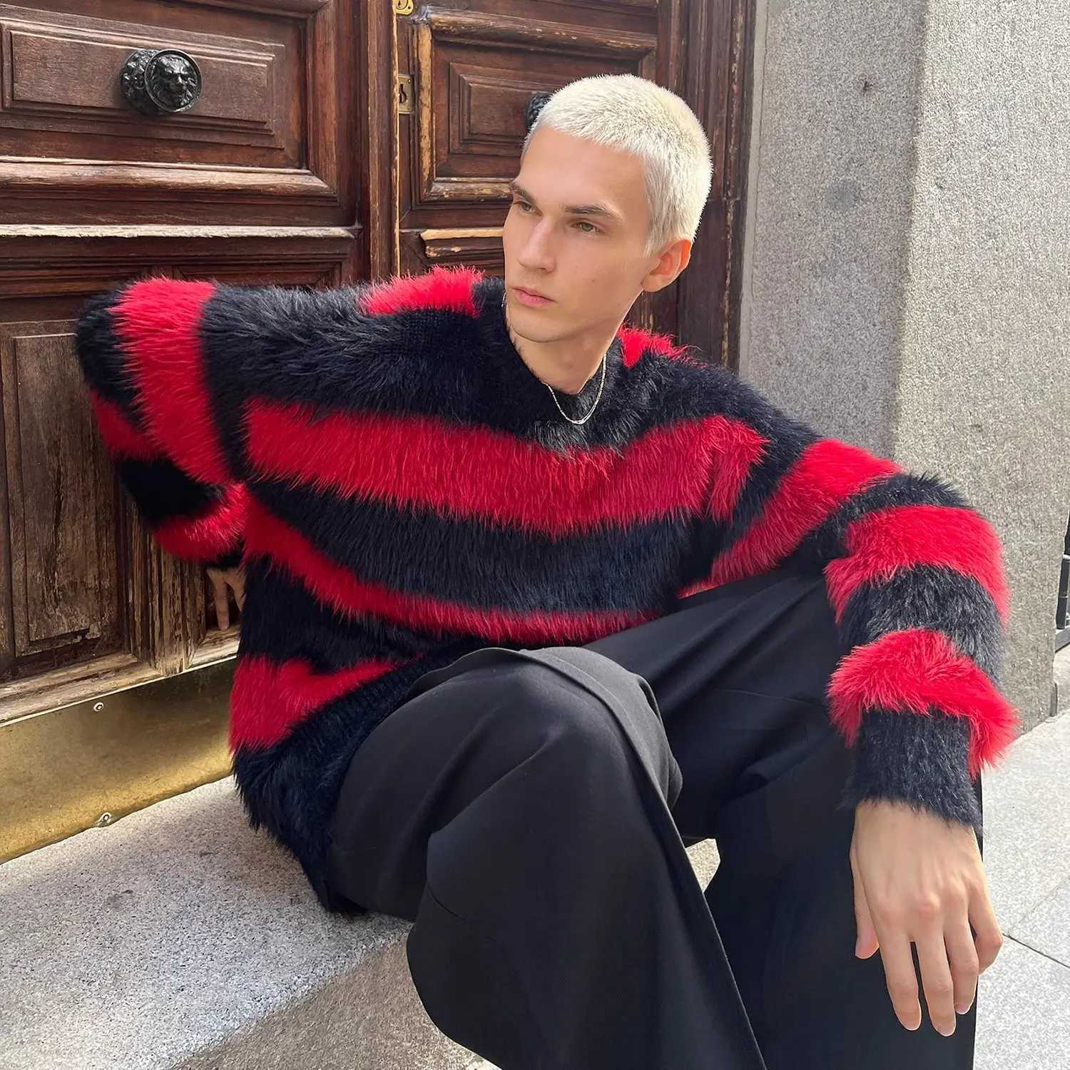 Winter Men's Sweaters New Red and Black Striped Sweater for Men and Women Soft Imitation Mink Round Neck Harajuku Sweater Male Pullovers C26092