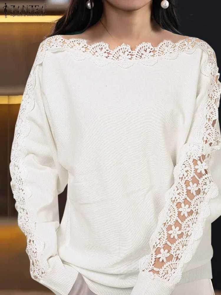 Women's Sweaters ZANZEA 2025 Autumn Sweaters Women Vintage Solid Pullovers Boat Neck Casual Patchwork Lace Tops Oversize Fashion Elegant Jumper