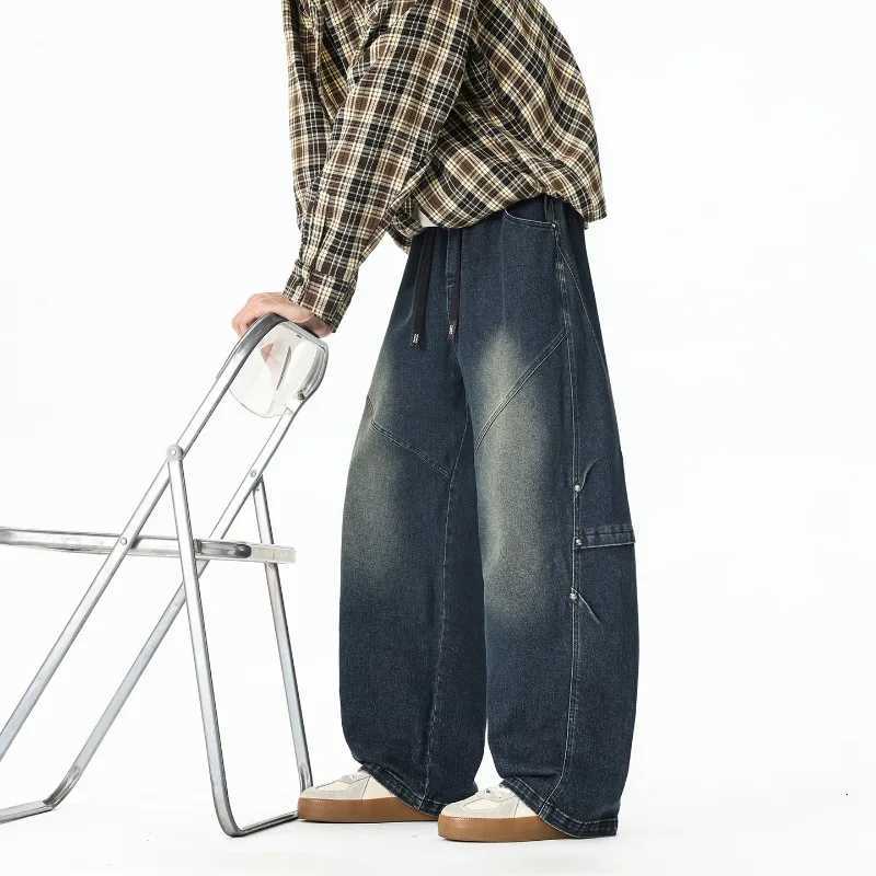 Men's Jeans 2026 Autumn Men Y2K High Street Wide Leg Jeans American Washed Distressed Plus Size Elastic Waist Baggy Straight Denim Pants H26092