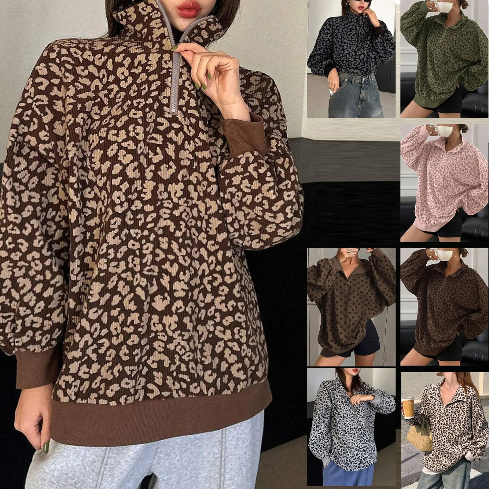 Fashion Leopard Print Oversize Sweatshirt Women Casual Stand Collar Corduroy Pullovers Female Loose Half Zipup Streetwear Tops w260923
