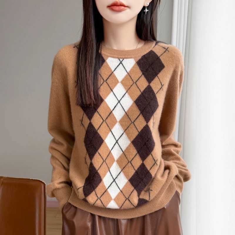 Women's Sweaters 2026 Womens Pure Wool Pullover Round neck plaid Sweater Autumn Winter Long Sleeve 100% Pure Wool Knitwear Simple Clothing Tops