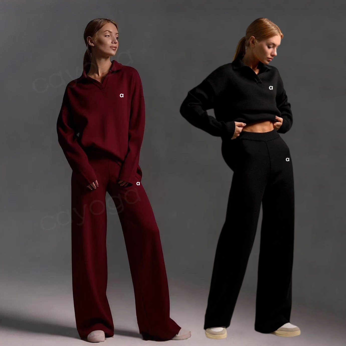 Aalloo Women Designer 2 Piece Knit Yoga Set Autumn Winter Polo Neck Knitted Pullover Wide Leg Jogger Pants Gym Workout Tracksuit