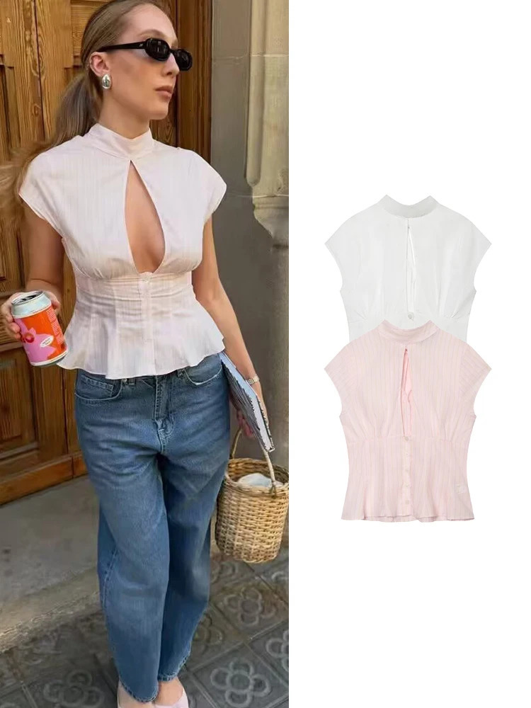 TFMLN Womens Fashion Sleeveless Shirt ONeck Back Bow Knot Tied Decoration Sexy Hollow Out Slim Fit Blouse Tops Summer 260924