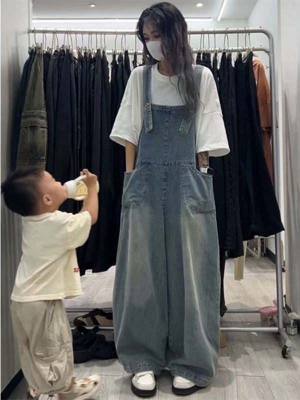 Retro Loose Slimming Denim Overalls Women's Wide Leg Pants Spring Summer Age Reduction Cute One-Piece Casual Comfortable Brea...