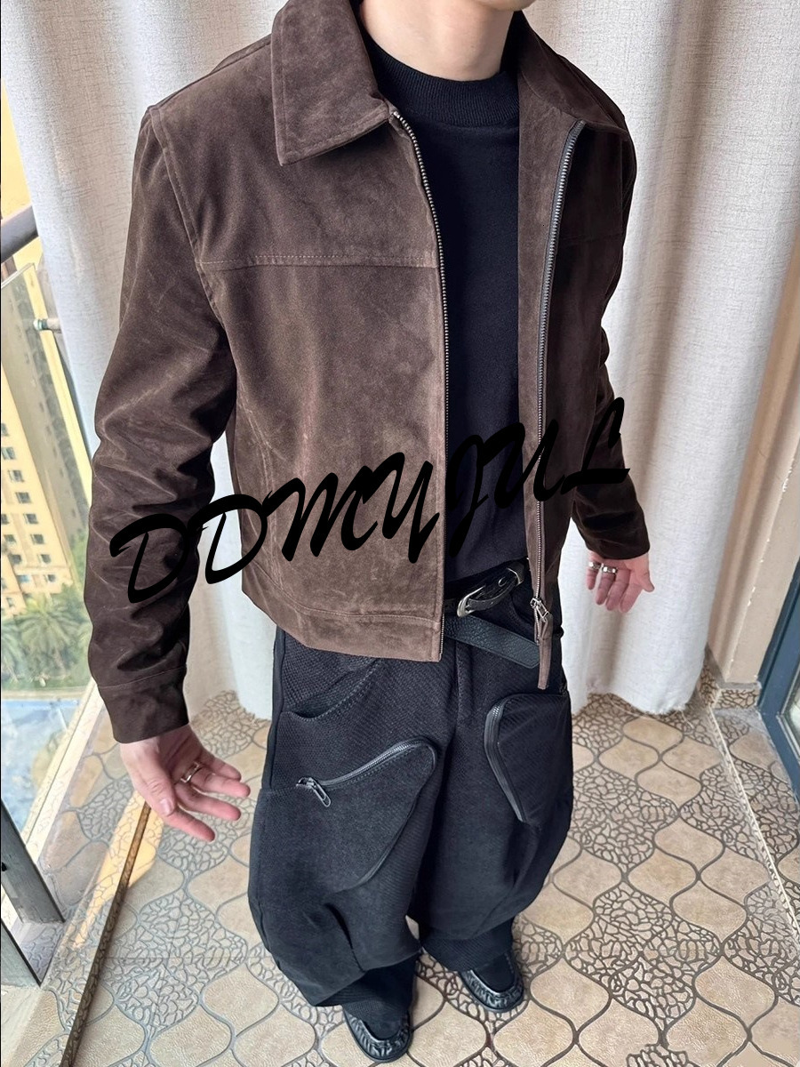 Men's brown barn-style lapel hunting jacket, autumn American retro suede short coat with a straight shoulder design