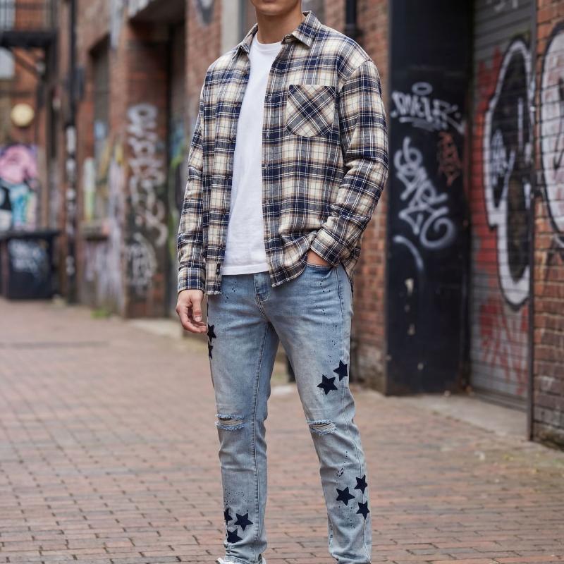 Mens Light Blue Distressed Skinny Denim Pants Star Applique Knee Cut Ripped Fray Ink Splatter Design Mid Waist Casual Street Trousers