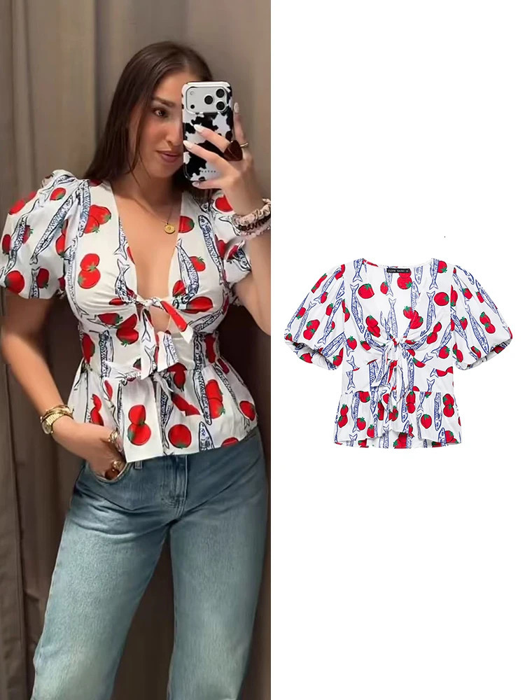 TFMLN Women V Neck Short Puff Sleeve Shirt Sweet Print Bow Lace Up Causal Tops 2026 Fashion Ladies Streetwear Blouse 260924