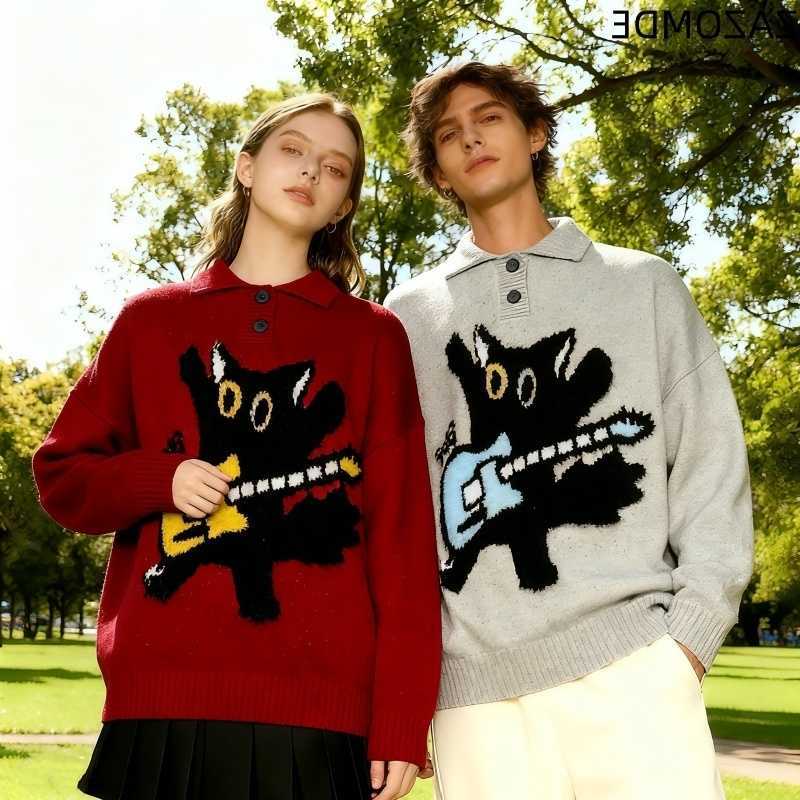 Men's Sweaters ZAZOMDE K Pop Inspired Black Cat With Guitar Pattern Sweater Men Women Oversized Streetwear Korean Fashion Trendy Loose Fit Top