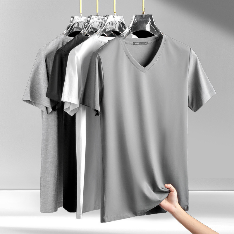 Men's V-neck T-shirt, 2024 summer new collection, short-sleeved, trendy, pure white, slim-fit, half-sleeve undershirt, plus-size T-shirt