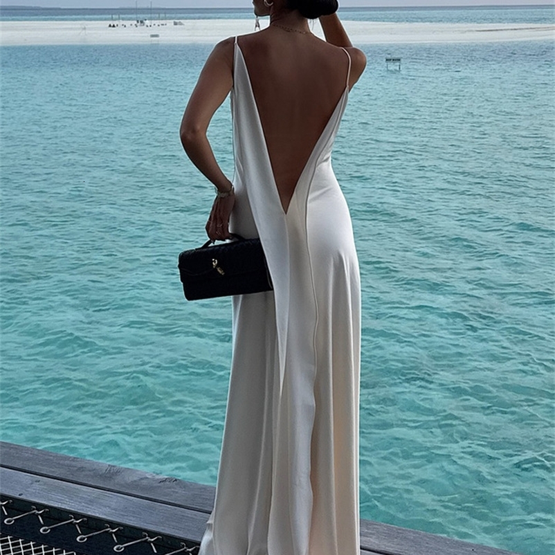 Backless Satin Long Sling Dress Women V Neck Sleeveless Slit Solid Sexy Party Dresses Summer Lady Vacation Evening Robes 260923