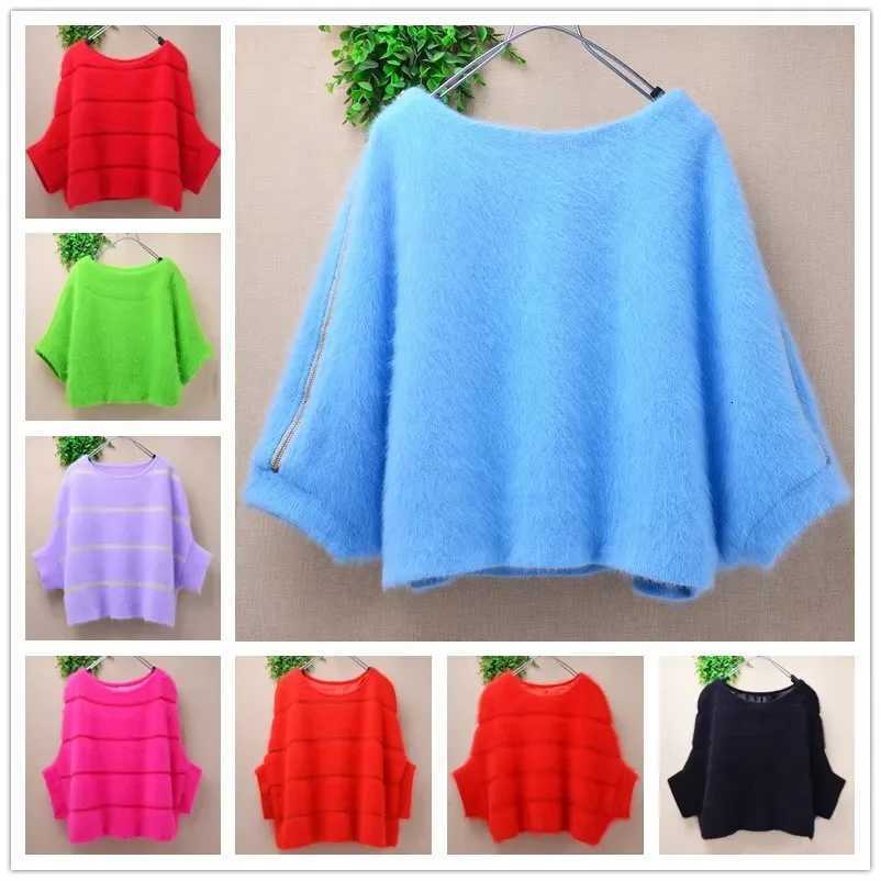 Women's Sweaters Elegant Fashion Women Mujer Hairy Mink Cashmere Knitted Short Batwing Sleeves O-Neck Loose Lazy Oaf Angora Sweater Vest Jumper
