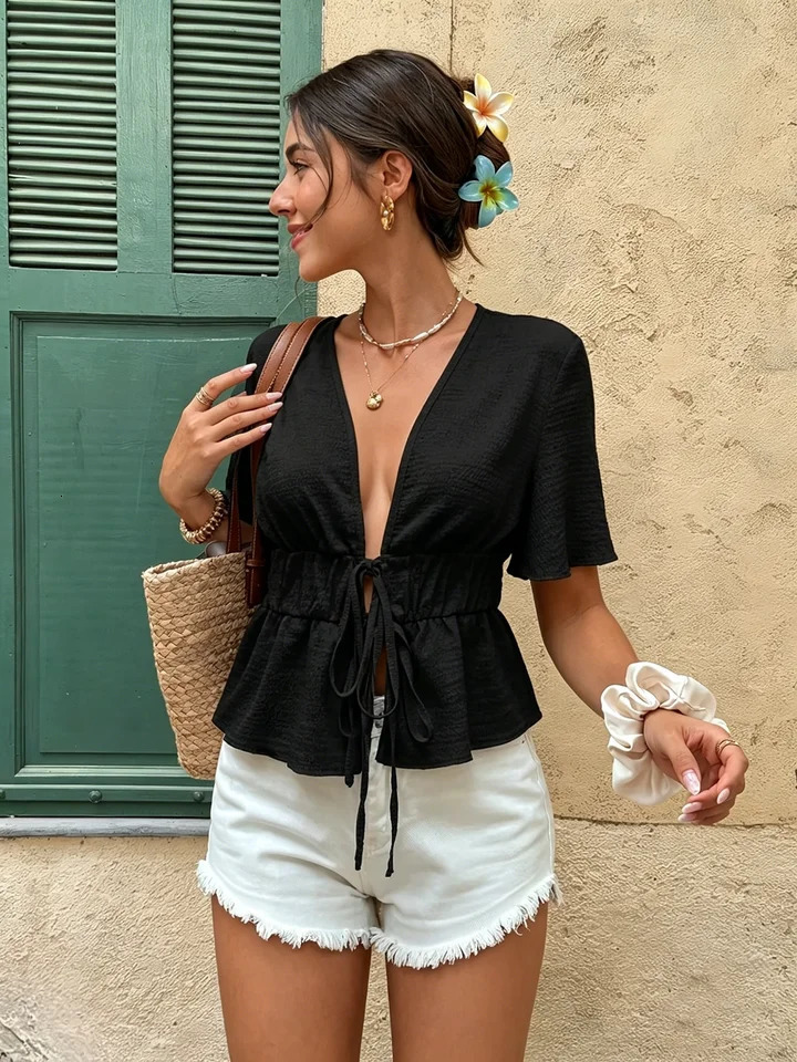 Camicia a maniche corte svasata con scollo a V da donna Camicetta peplo leggera strutturata con cravatta in vita Camicetta casual Boho per vacanze e