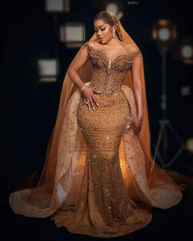 Plus Size Arabic Aso Ebi Gold Luxurious Mermaid Prom Dresses Beaded Crystals Evening Formal Party Second Reception Birthday Engagement Gowns Dress