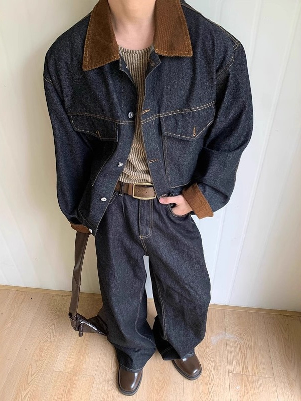 American retro barn-style raw denim workwear for men, high street vintage loose-fitting collared jacket