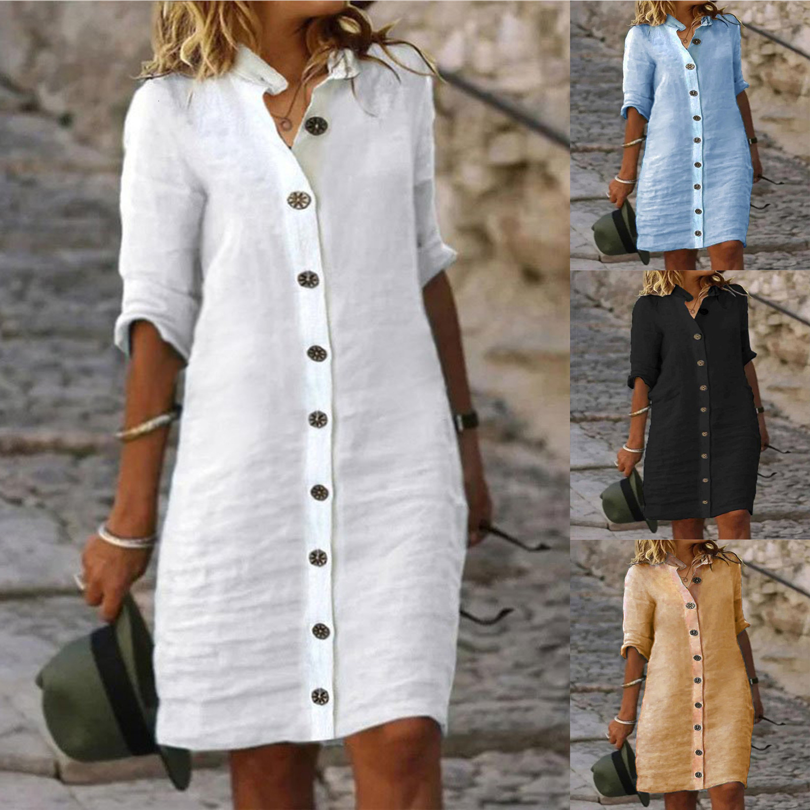 4 Color Women Cotton Linen Loose Dress Summer Female Turn Down Collar Button Long Sleeve Solid Baggy Blouse Vestidos