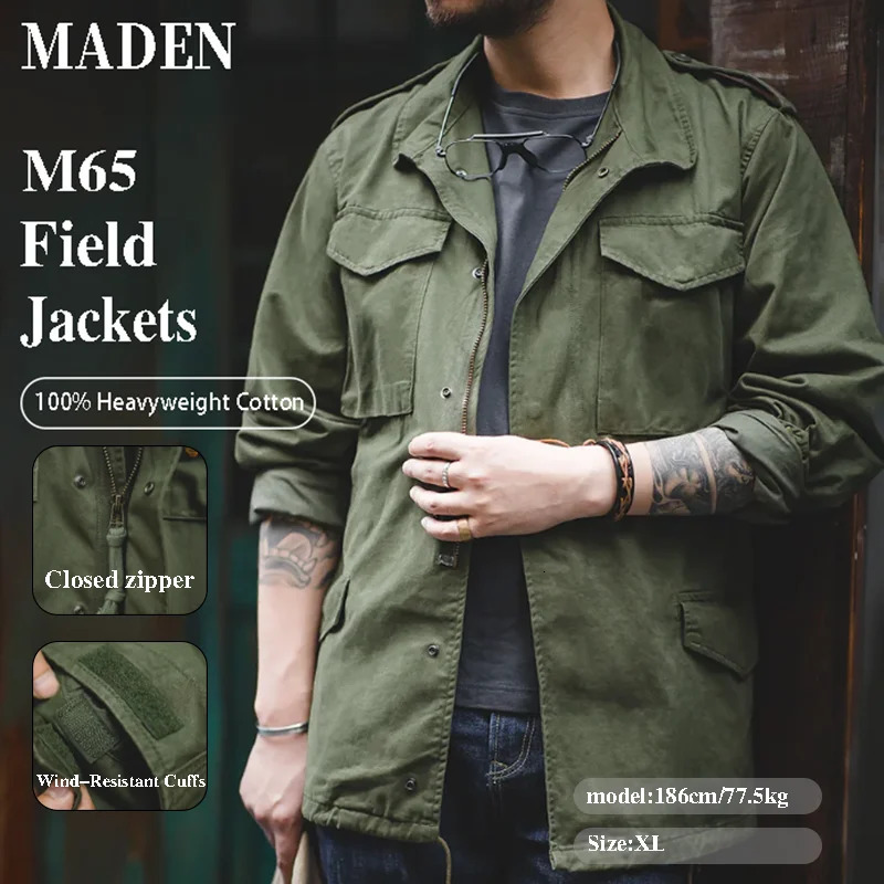 Maden Military M65 Field Jackets For Men's Green Vintage Army Jacket Casual Windbreaker Solid Lapel Collar with Pockets Overcoat 260921