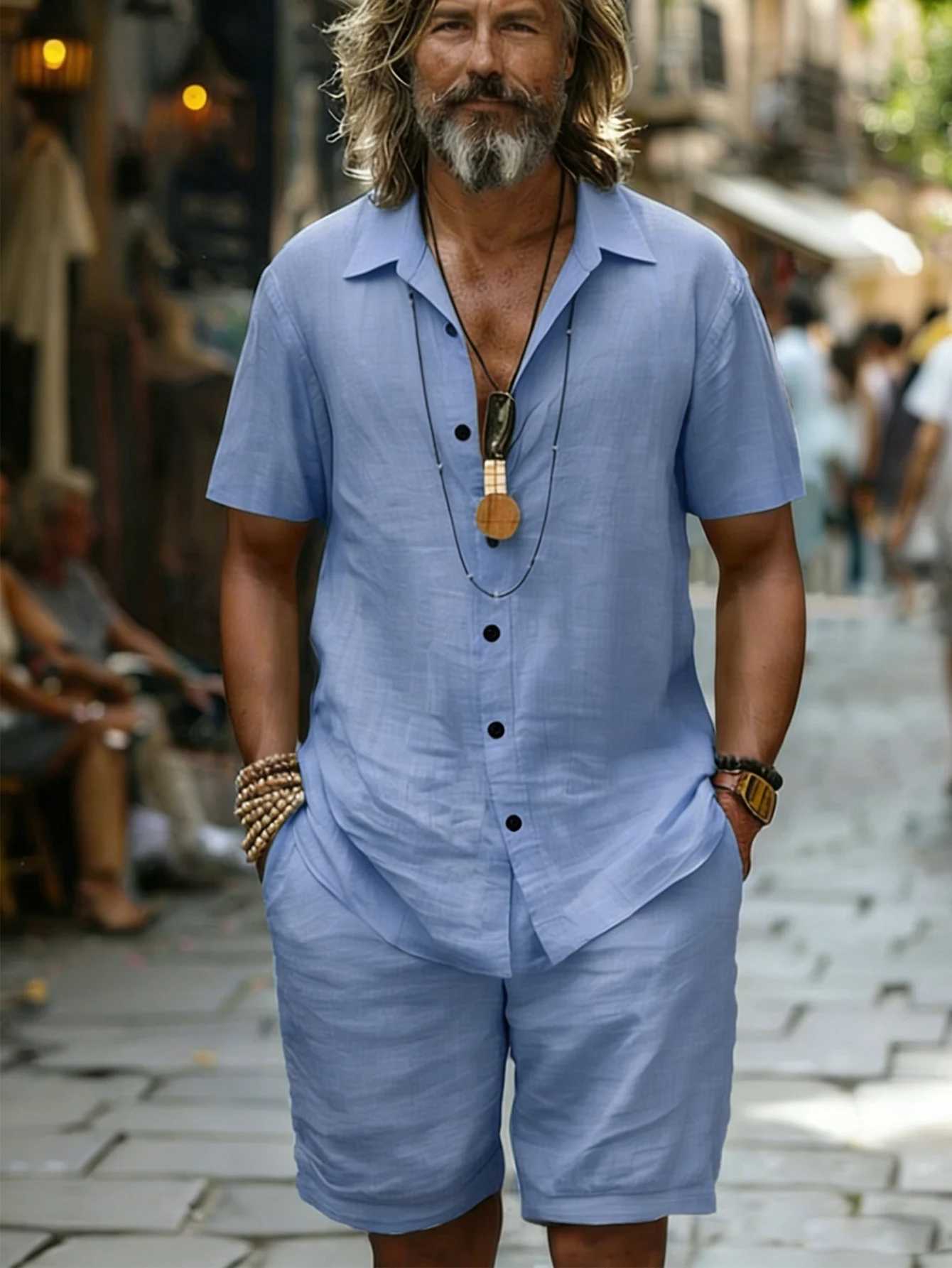 Men's Cotton100 Shirt Shorts Set Short Sleeve Light Blue Loose Fit Casual Summer Beach Vacation Daily Two-Piece Outfit T260924