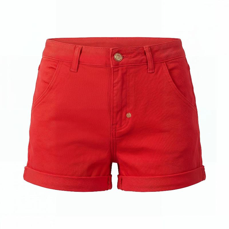 Short en Denim pour hommes, rouge uni, ourlet roulé, taille moyenne, coupe droite, Slim, fermeture à boutons, multi-poches, été, quotidien, décon