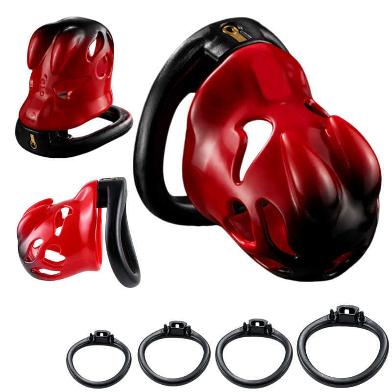 Black-and-Red Men Color-Blocked Rabbit Design Resin Chastity Device Lightweight Lock Cage with 4 Sizes Rings Adult Sex Toys 18+ S2609241GWM
