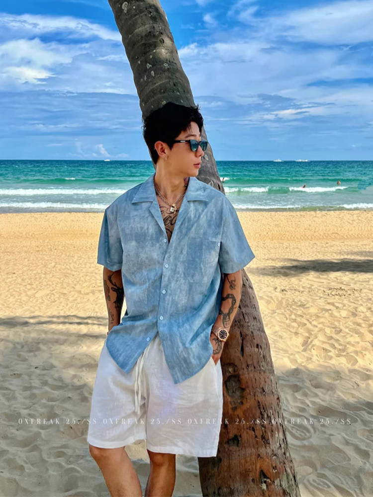Men's Blue Tie Dye Cuban Collar Short Sleeve Shirt Summer Beach Vacation Quiet Luxury Relaxed Fit Beach Outfit Set