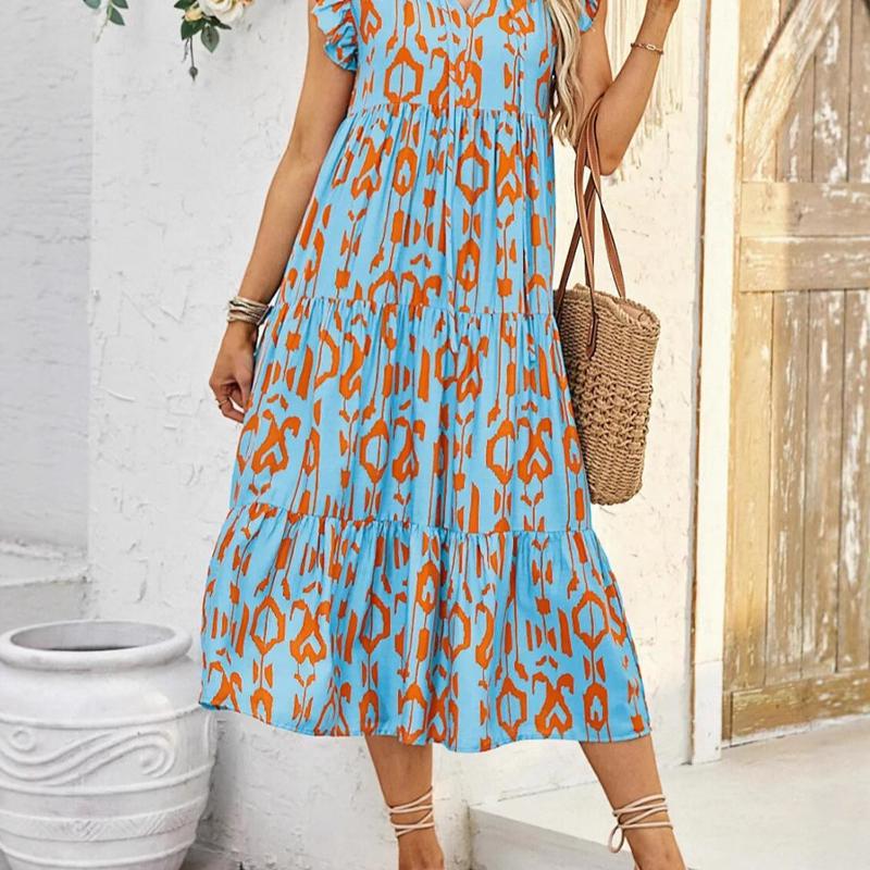 Designer Best-seller Bohème Imprimé Floral Manches Flutter À Lacets Col Encoche Col En V À Plusieurs Niveaux Robe Maxi Pour Les Femmes Vacances D