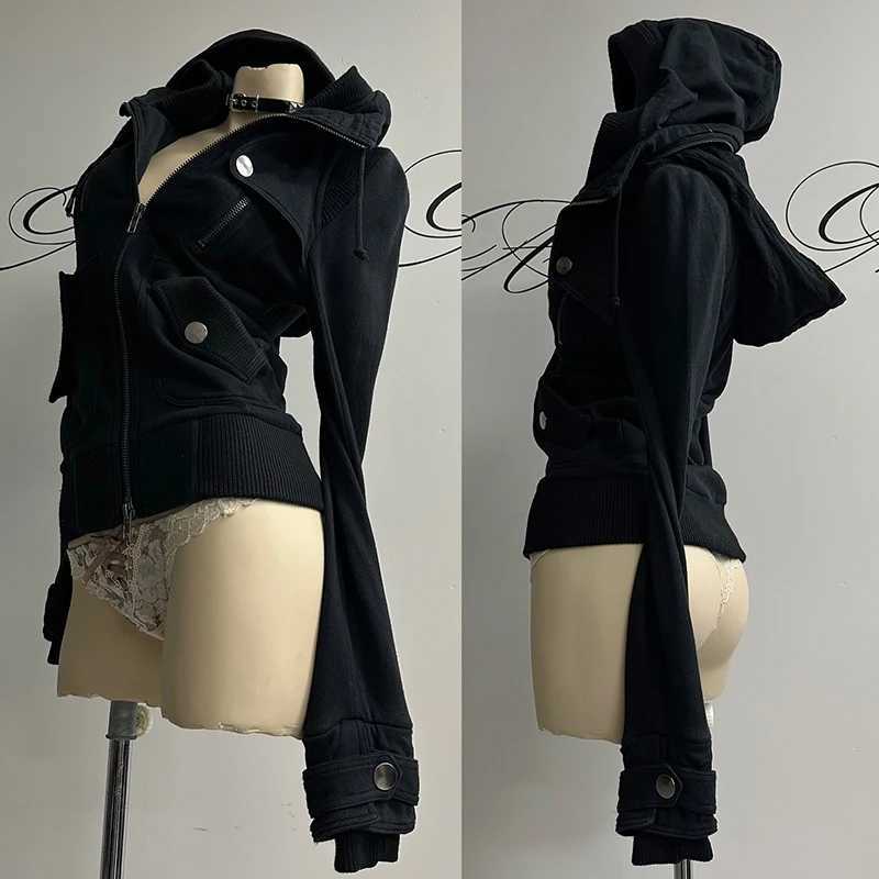 Gothic Y2K Women's Hoodie Sexy Slim Casual Solid Color Female Cropped Sweatshirt Grunge Punk Aesthetics Streetwear T260923