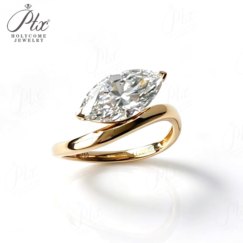 Unique Bypass Twist Marquise Lab Grown Diamond Ring Women 925 Sterling Silver 10K 14K 18K Solid Gold Solitaire Engagement Wedding Statement Fine Jew