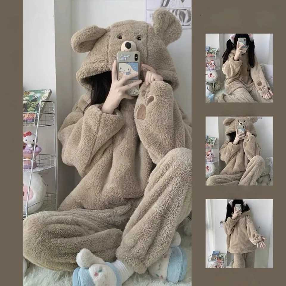 Lounge Donna Sonno Inverno Cartoon Orso Pigiama Lungo caldo Accappatoio in pile di corallo Carino Divertente Abbigliamento da casa Set per Donna Uom