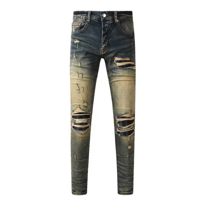 Y2k New Men's Jeans Washed Nostalgic Perforated Black Leather Patch Deep Blue Jeans High Street Designer Hip-Hop Brand High-Qual S260924NB1V