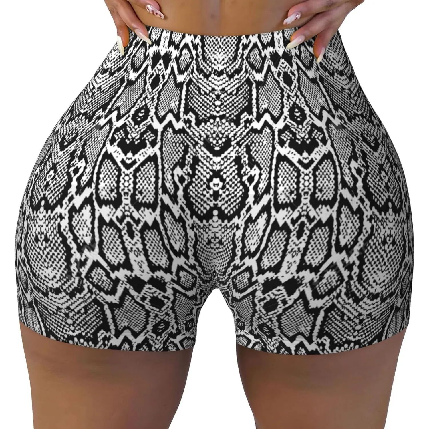 Black White Snake Skin Print Womens Workout Shorts Elastic Athletic Gym Summer Seamless HighWaisted Yoga 260928
