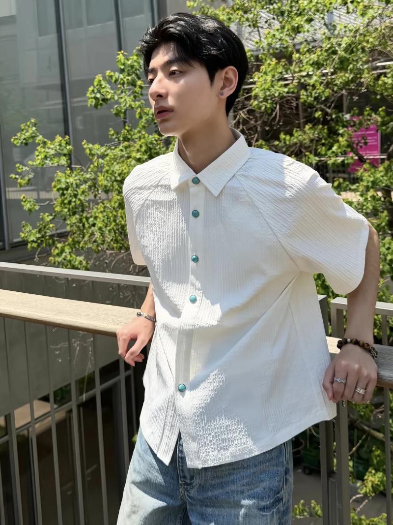 American Retro Turquoise Texture Pleated Short Sleeve Men's Summer Shirt Boxy Knitted Loose Fit Breathable Pure Color Top