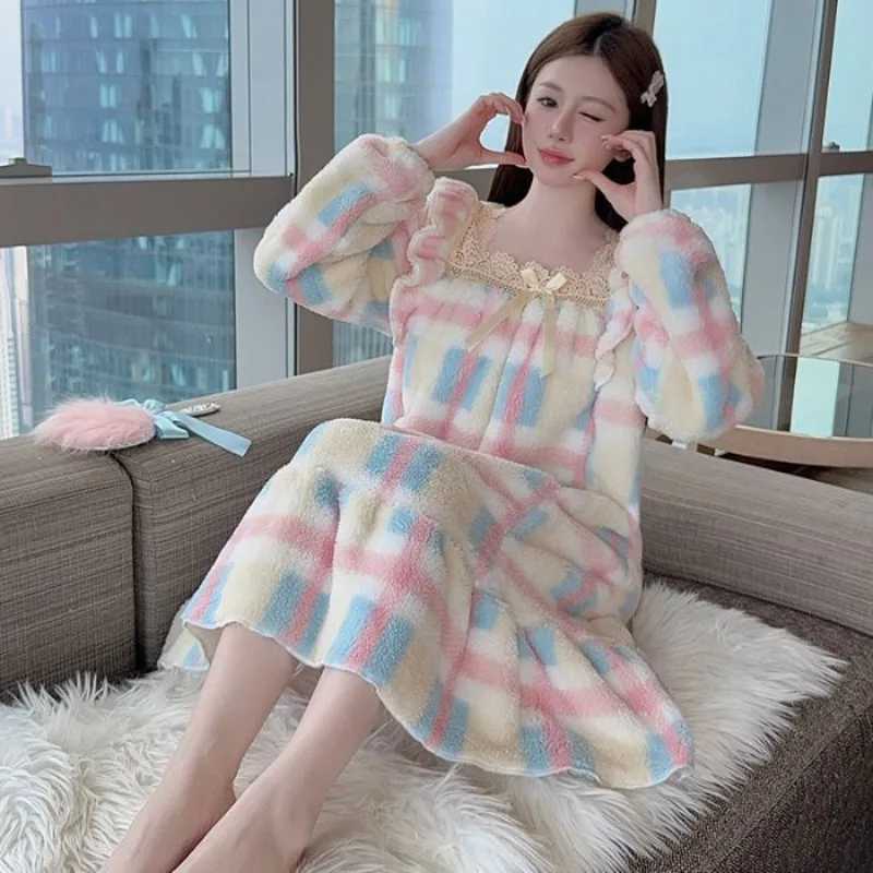 Lounge Women's Sleep M-5XL Plus Size Coral Fleece Pajama Dress Women Princess Style Winter Thickened Warm Loungewear Korean Student Flannel Nig