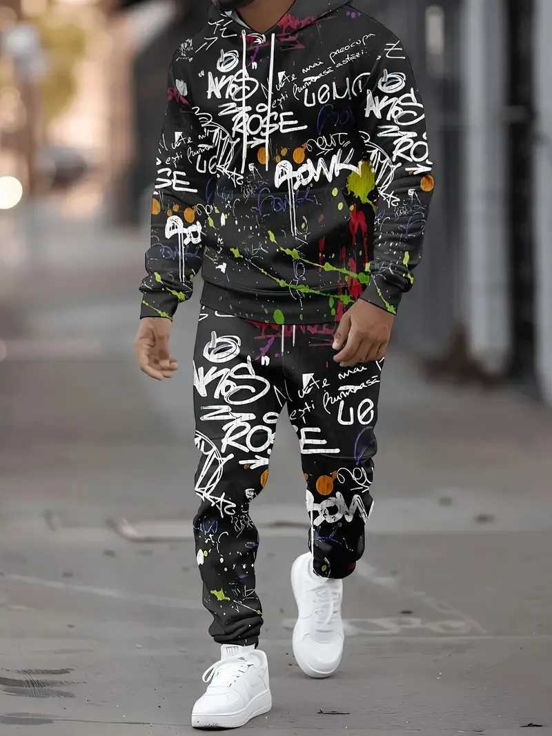 The new men's hoodie set for Spring and Autumn 2025 features a casual fashionable and comfortable 3D graffiti pattern print T260924