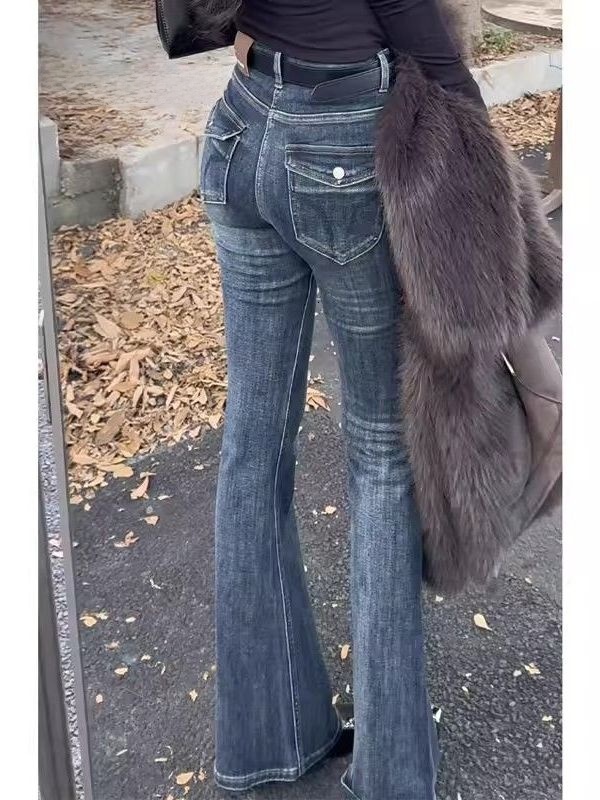 Slim Fit Blue Bell Bottom Jeans Women's Spring Summer New Style Waist Cotton Polyester Stretch Denim Casual High Rise