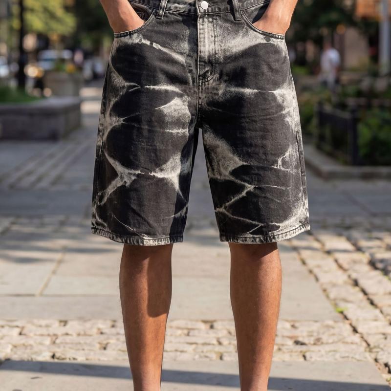 Men Vintage Washed Tie Dye Denim Bermuda Shorts High Waist Button Zip Fly Loose Fit Streetwear Jean Shorts Classic Five Pocket Design Belt Loops