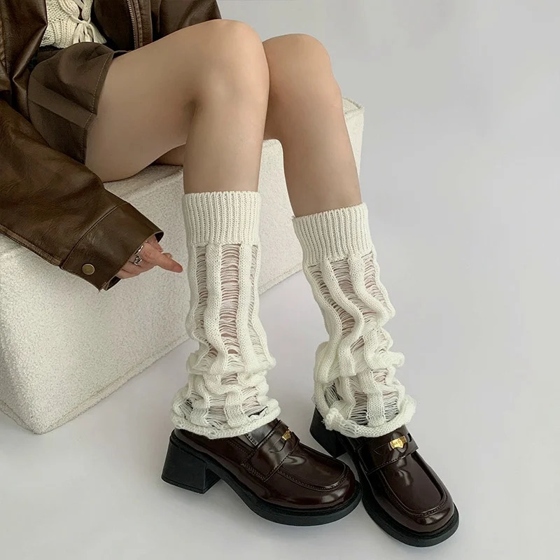 Y2k Hole Leg Warmers White Pile Socks Women Trumpet Leg Covers Jk Calf Socks Gothic Black Punk Japanese Boot Cuffs Slouch Socks 260924