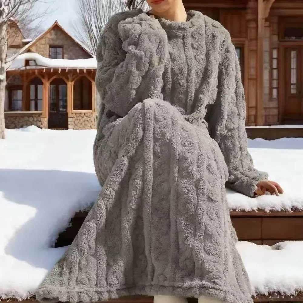 Lounge Pigiama da donna da donna in pile corallo abito lungo invernale da notte con tasche calda coperta da passeggioC260924
