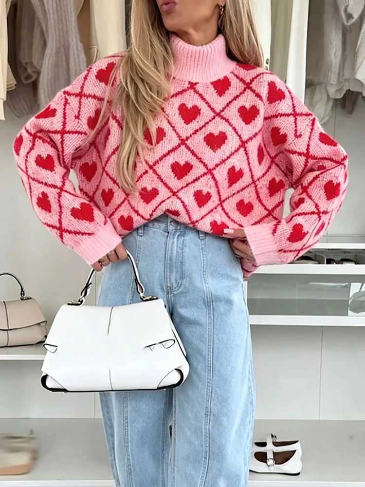 Women's Sweaters Autumn Round Neck Knitted Top Pullover Sweet Casual Heart Print Loose Sweater for Women New Winter Long Sleeve Streetwear Jump