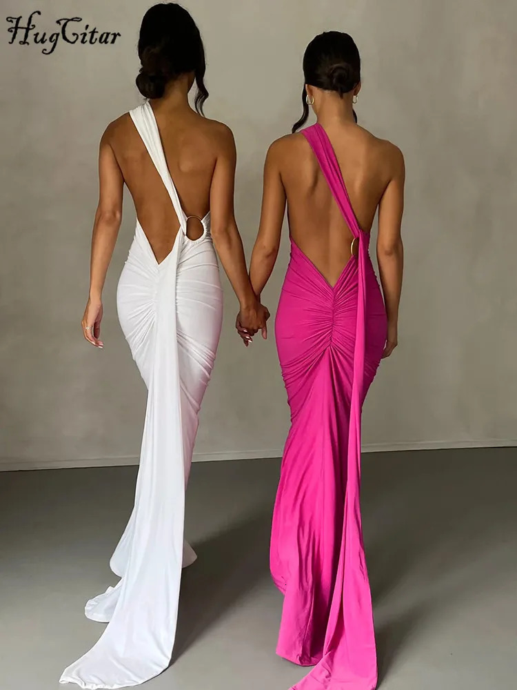 Hugcitar One Shoulder Backless Adjustable Scarf Loop Ruched Sexy Maxi Dress Women Elegant Y2K Streetwear Festival Outfit 260923