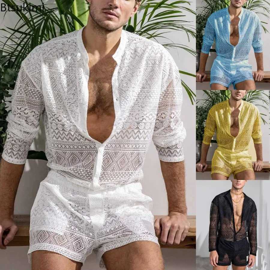 2026 Men's Summer Two Piece Suits Sets See Through Lace Outfits Beach Plain Pattern Print Long Sleeved Tops And Shorts Set Male T260924
