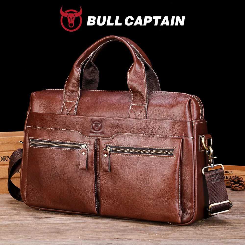 Briefcases BULLCAPTAIN Briefcase Shoulder Bag Men's Genuine Leather 14 Inch Laptop Handbag Office Business Men's Fashion Simple Briefcase