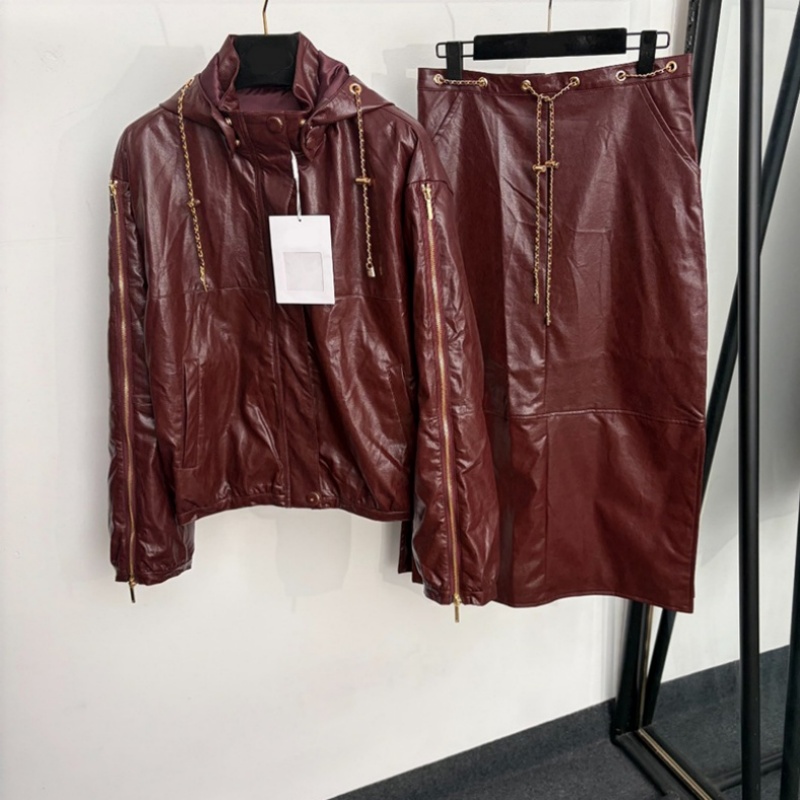 Women Vintage Pu Leather Jacket Skirt Set Designer Chain Drawstring Hooded Outerwear Autumn Winter Chic High Waist Midi Skirts