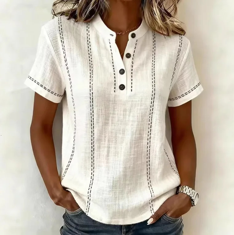 Camicetta da donna elegante Camicia con scollo a V Bottone Patchwork Camicie casual a maniche corte per le donne Top allentato a righe estivo Donna