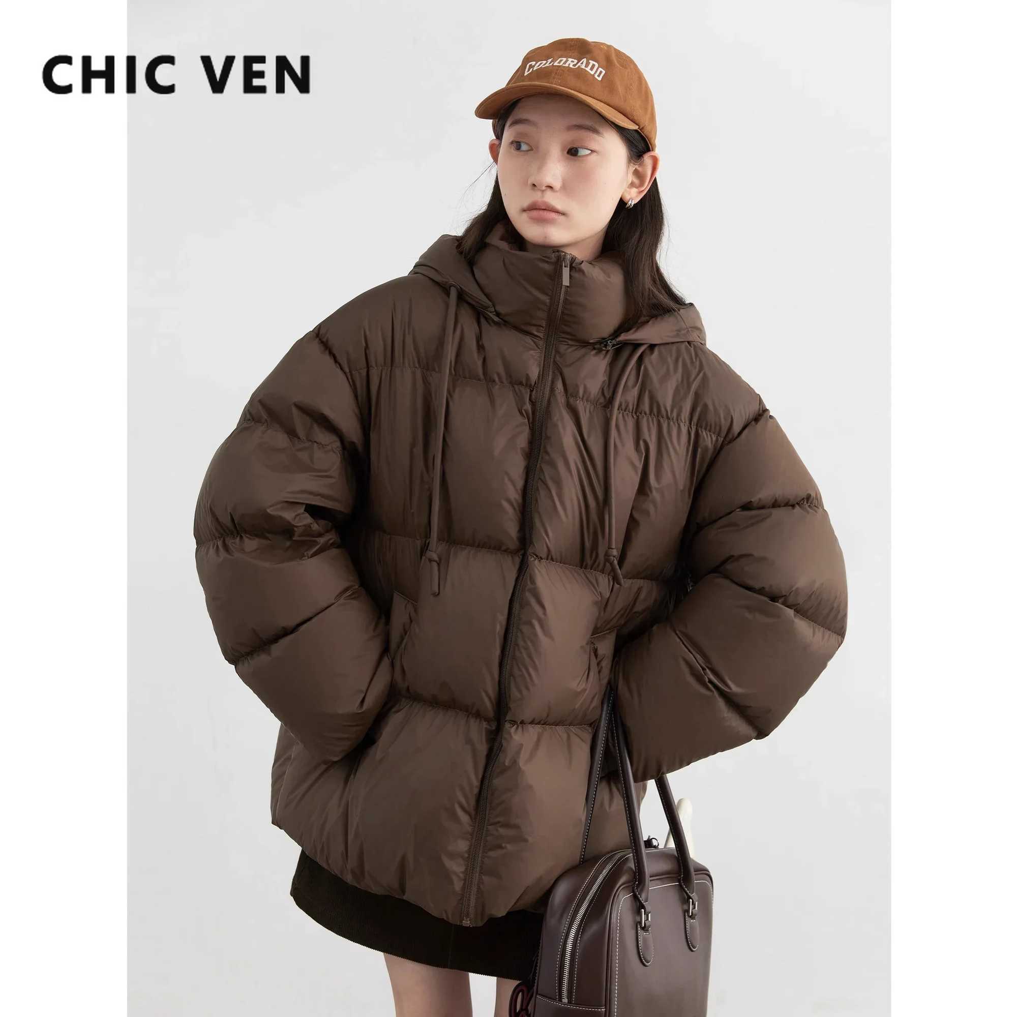 CHIC VEN Women Down Coats Solid Loose New Hooded 90 White Duck Down Jacket Puffs Female Outerwear Autumn Winter 2024 Z260924