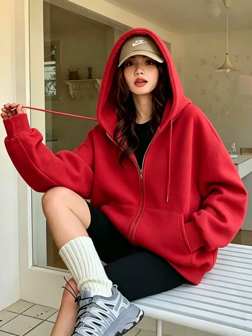 Basics Solid Color Zipper Hoodie Womens Fashion Oversized Hooded Coat Pocket Jogging Outerwear Winter Fleece Warm Woman Clothing 260923
