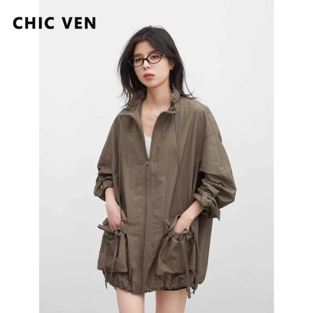 CHIC VEN New Women Jackets Solid Loose Casual Flower Bud Design Stand Collar Drawstring Female Coat Spring Summer 2026 Girl Top Z260924