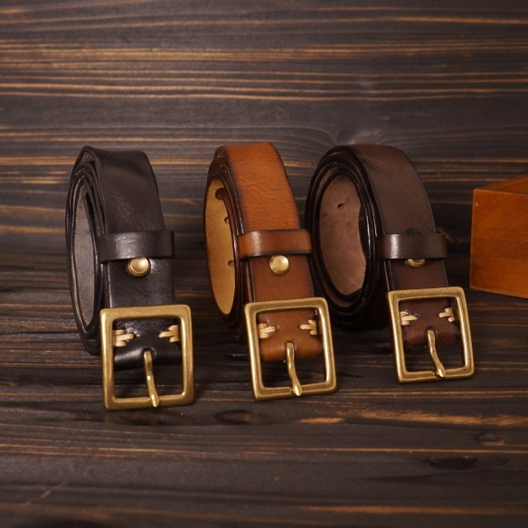 Casual versatile women's genuine leather slim belt with 3CM brass buckle, suitable for jeans, American retro style