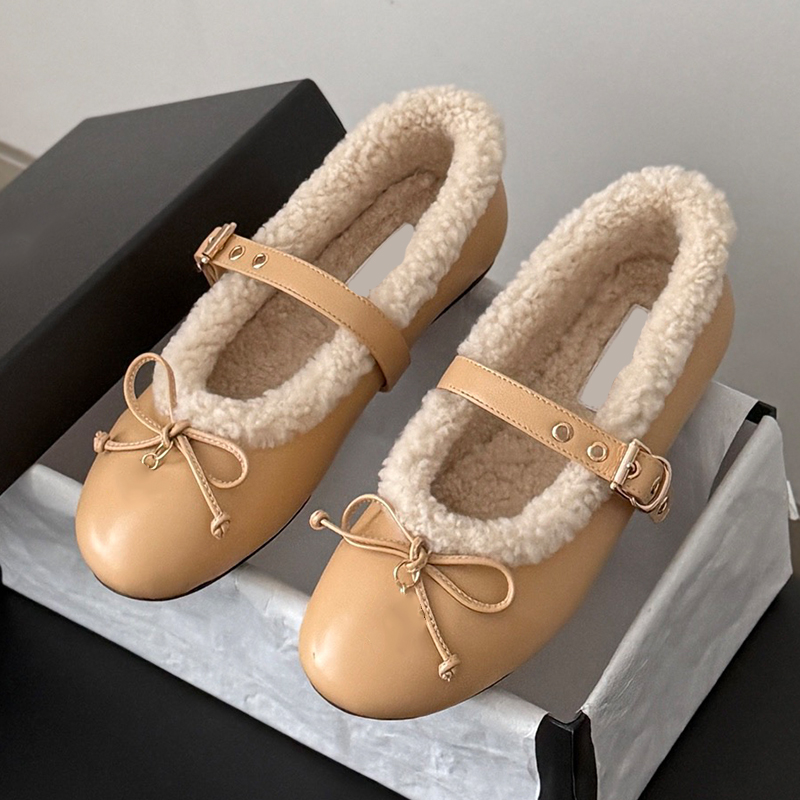 Womens Classic Fluffy Bow Ballerinas Designer Autumn Winter Keep Warm Mary Jane Shoes Ladies Leisure Flat Bottom Loafers Genuine Leather Outsole Siz